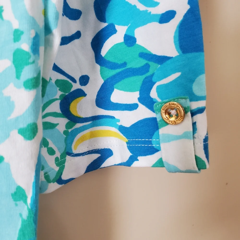 Lilly Pulitzer Blue Dahlia Abstract Vibrant Stretch Tee Half Sleeve Size Small - Picture 8 of 9